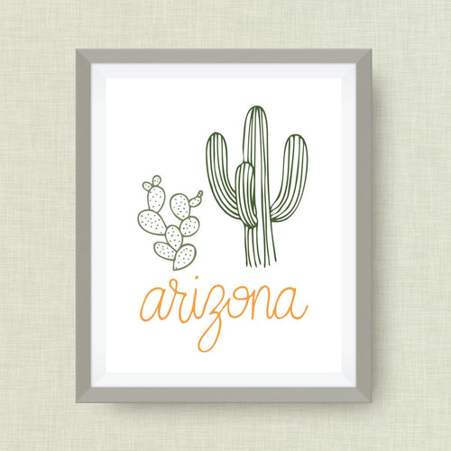 Arizona Art Print, Saguaro, Prickly Pear, State Symbol,option of gold foil
