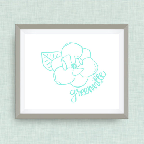 Greenville Magnolia Art Print - Greenville, NC hand drawn, hand lettered, Option of Real Gold Foil