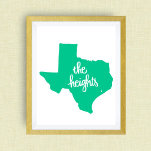 Houston Heights Art Print in script - hand drawn, hand lettered, Option of Real Gold Foil