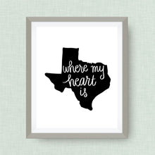 where my heart is texas art print in script - hand drawn, hand lettered, Option of Real Gold Foil