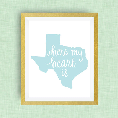 where my heart is texas art print in script - hand drawn, hand lettered, Option of Real Gold Foil