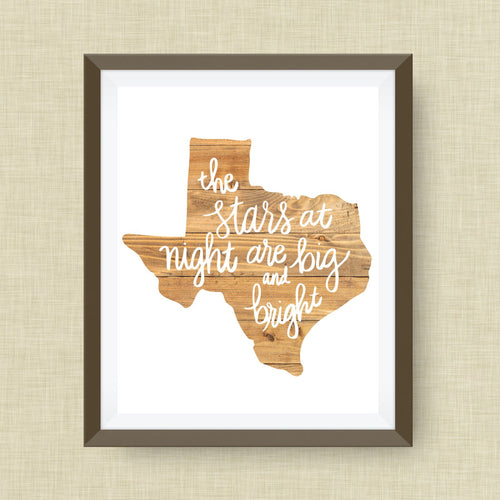 the stars at night are big and bright TX, wood background - hand drawn, hand lettered, Option of Real Gold Foil