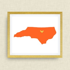 North Carolina Print - hand drawn, with heart, option of gold foil