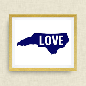 LOVE North Carolina Print - hand drawn, with heart, option of gold foil