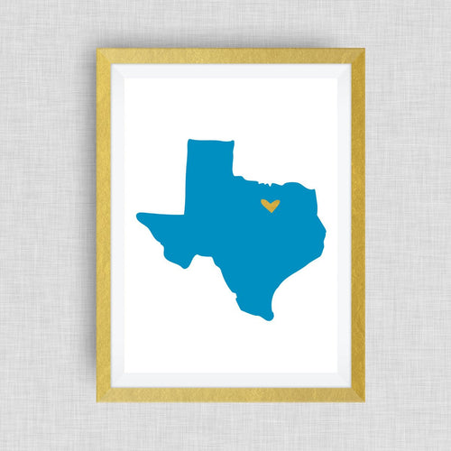 Texas Print - hand drawn, with heart, option of gold foil