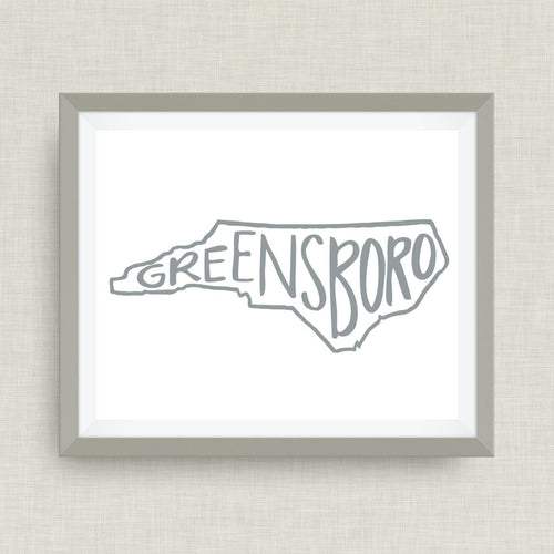 Greensboro NC Print - hand drawn, hand lettered, Option of Real Gold Foil