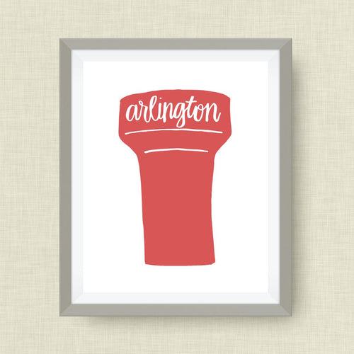 Arlington Art Print - Arington Water Tower, TX, hand drawn, hand lettered, Option of Real Gold Foil