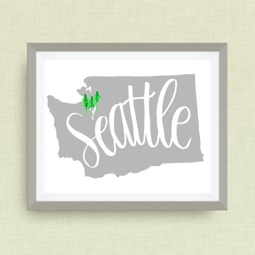 Washington State Art Print - Seattle , Hand Lettered, option of Gold Foil, Wedding Art
