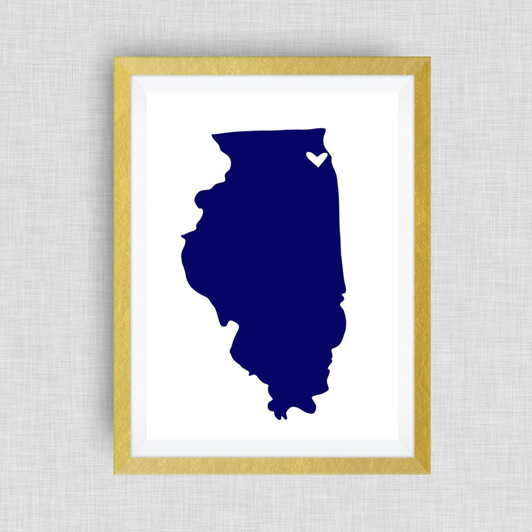Illinois Print - hand drawn, with heart, option of gold foil
