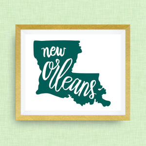 New Orleans, Louisiana art print - hand drawn, hand lettered, Option of Real Gold Foil