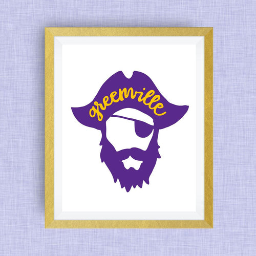 Greenville Art Print -Pirate, NC, hand drawn, hand lettered, Option of Real Gold Foil
