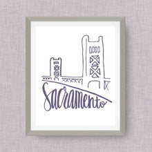 Sacramento Art Print - Tower Bridge hand drawn, hand lettered, Option of Real Gold Foil