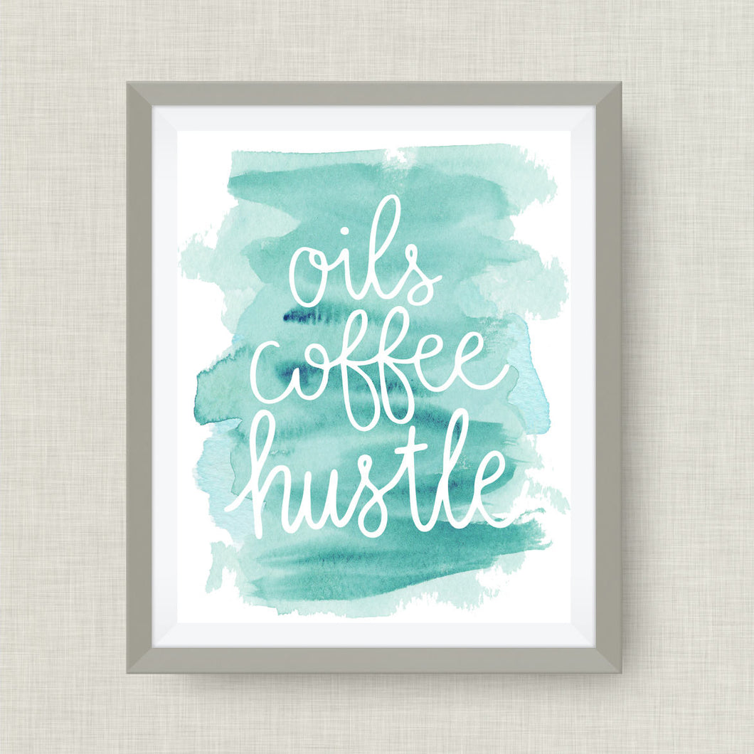 oils coffee hustle - watercolor-essential oil art print - option of real gold foil, rainbow, watercolor