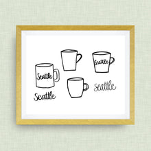Seattle Coffee Art Print, Hand Lettered, option of Gold Foil, Wedding Art