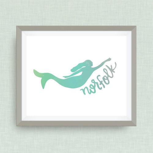 mermaid, norfolk art print, virginia - hand drawn, option of gold foil