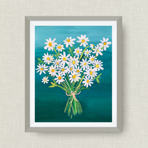 Daisy, Daisies, Teal and White Floral Art - Gouache Floral - Colorful art, Happy art, Cheerful flowers, Original Art Print