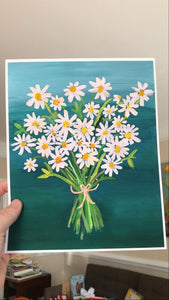 Daisy, Daisies, Teal and White Floral Art - Gouache Floral - Colorful art, Happy art, Cheerful flowers, Original Art Print