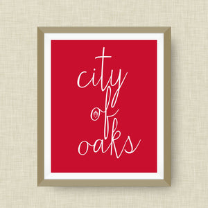 City of Oaks Art Print, Raleigh NC, option of Gold Foil Print