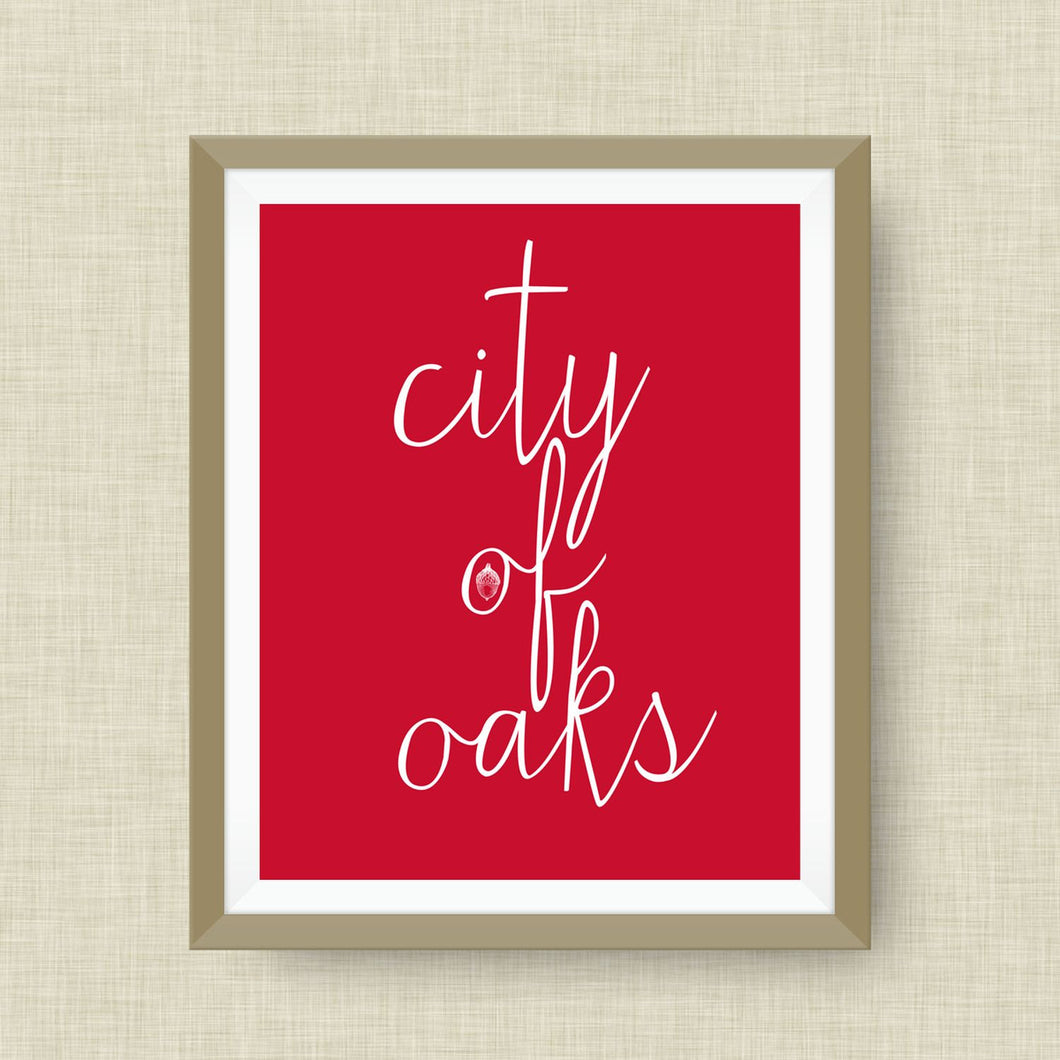City of Oaks Art Print, Raleigh NC, option of Gold Foil Print