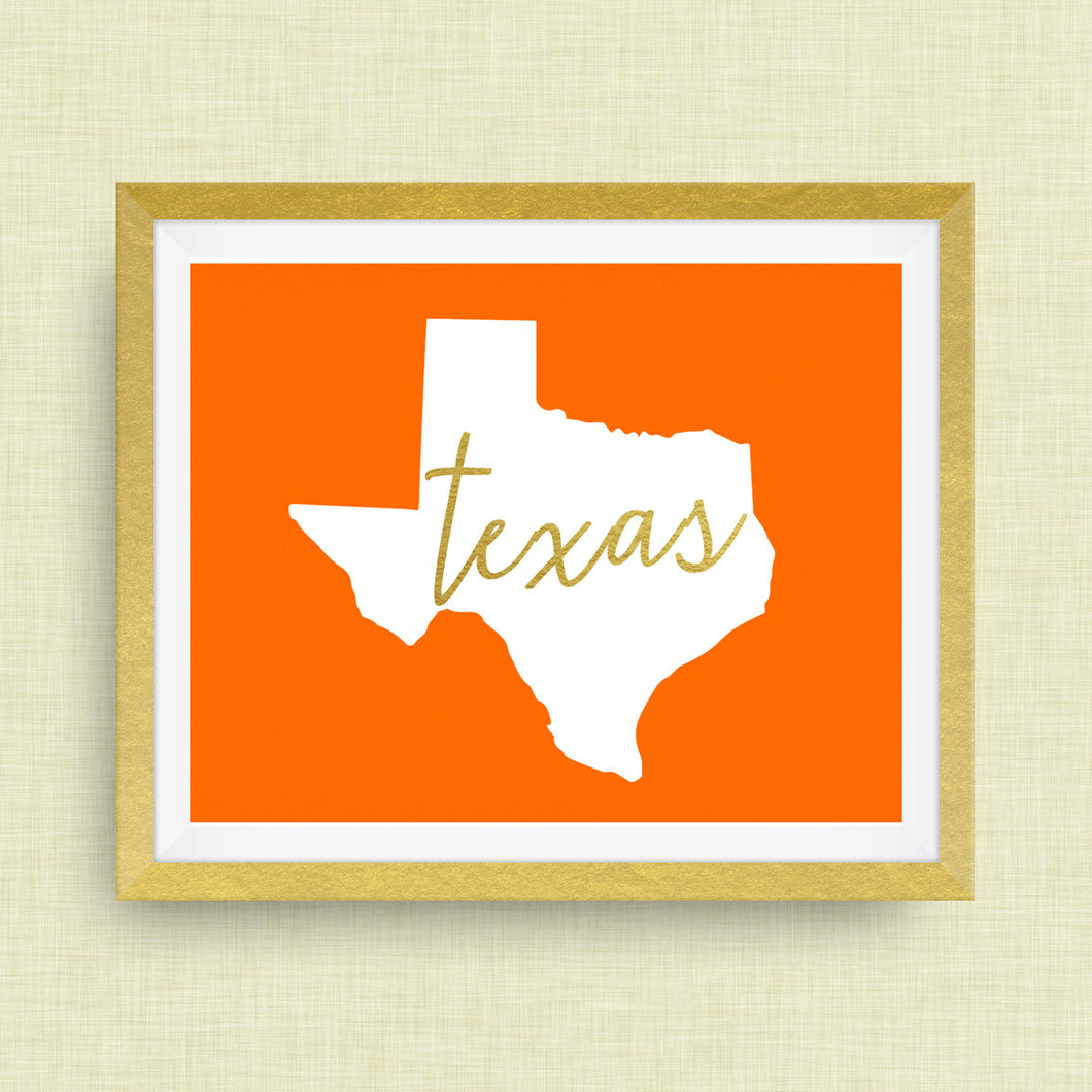 Texas Art Print, option of Gold Foil Lettering