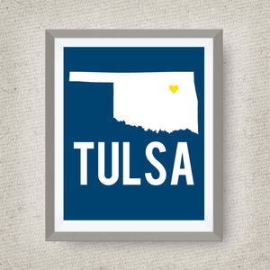 Tulsa Oklahoma Art Print, Blue & Gold, option of Gold Foil Print