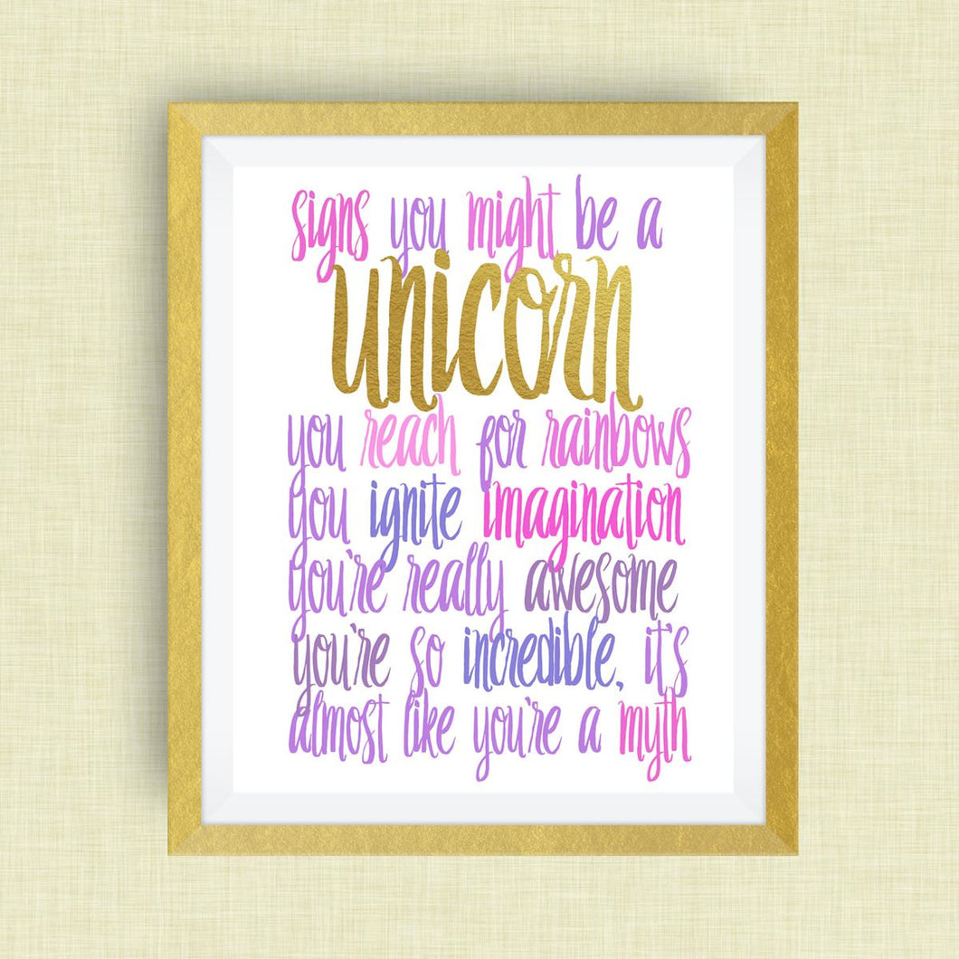 Unicorn Wall Art - Signs You Might be a Unicorn print, option of Gold Foil Print