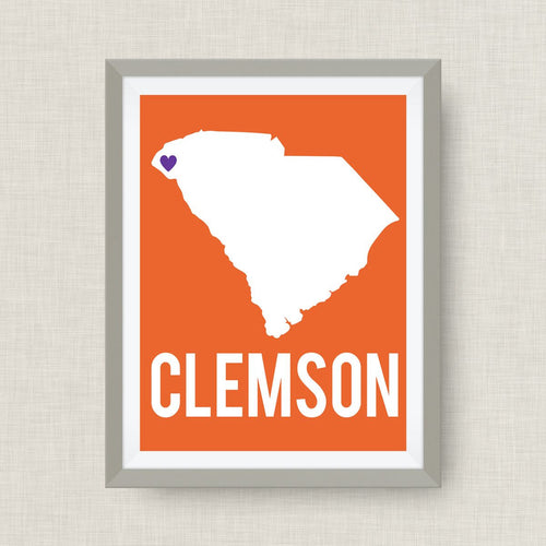 State Art Print, South Carolina Art Print in Clemson Colors