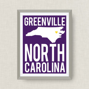 North Carolina Art Print in ECU Colors - Custom Colors & Locations Available