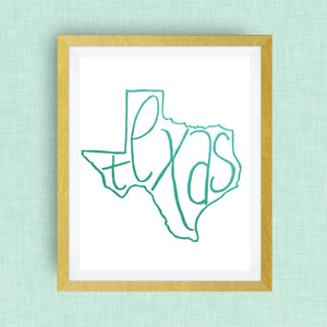 Texas Art Print - Lone Star state, hand lettered, Option of Real Gold Foil
