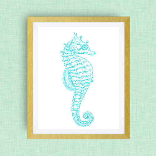 Seahorse Print - Teal  -  Option of Real Gold Foil, Silver Foil - other colors available!