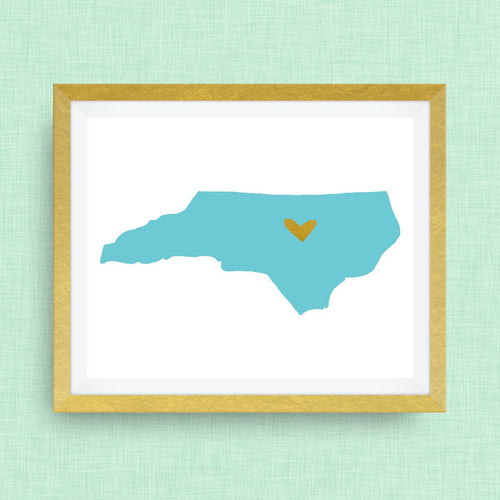 North Carolina Print - hand drawn, with heart, option of gold foil