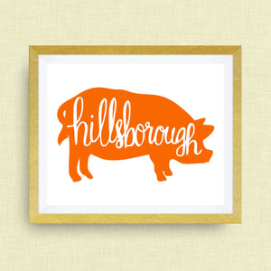 Hillsborough Art Print - Hillsborough NC, hog, hand drawn, hand lettered, Option of Real Gold Foil