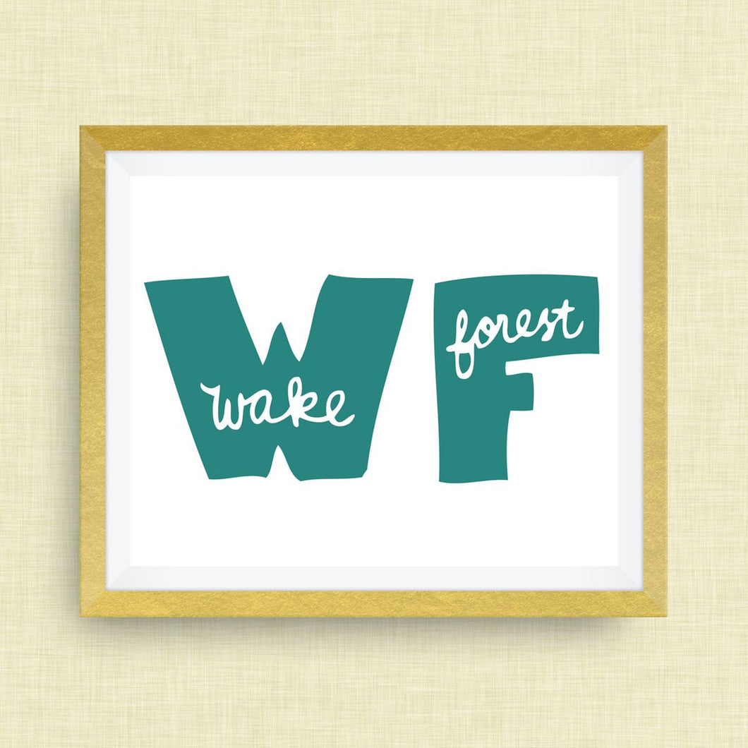 Wake Forest Art Print - Wake Forest NC, hand drawn, hand lettered, Option of Real Gold Foil