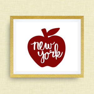 New York Art Print -  the big apple - hand drawn, hand lettered, Option of Real Gold Foil