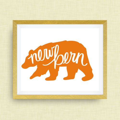 New Bern Art Print - New Bern, NC hand drawn, hand lettered, Option of Real Gold Foil