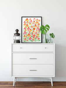 Coneflower Floral Art Print - Pink, Orange and Green Painting