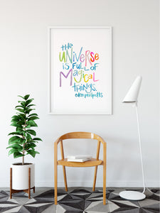 "The universe is full of magical things." - Eden Phillpotts - lettering art, colorful art, office decor