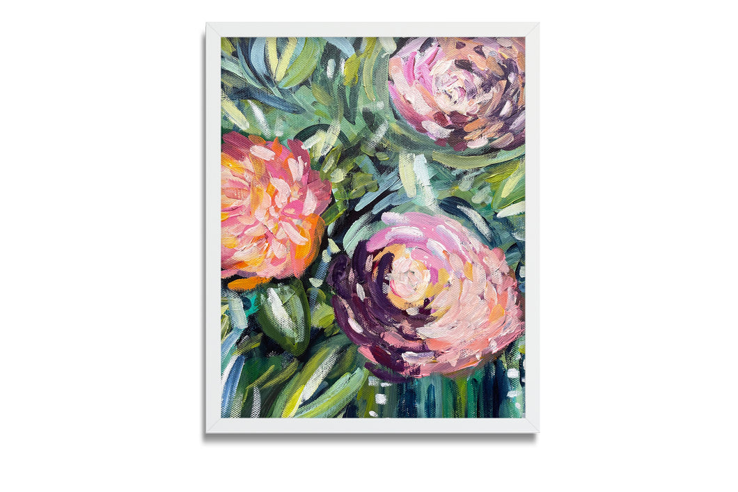 Floral Painting, Pink Purple Green and White Floral Art